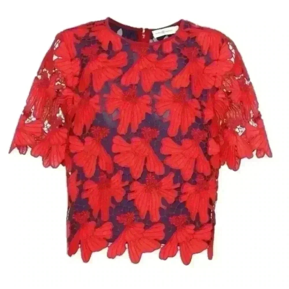 Tory Burch "Nicola" Red Lace With Blue Underlay Top Size 4 Excellent Condition!